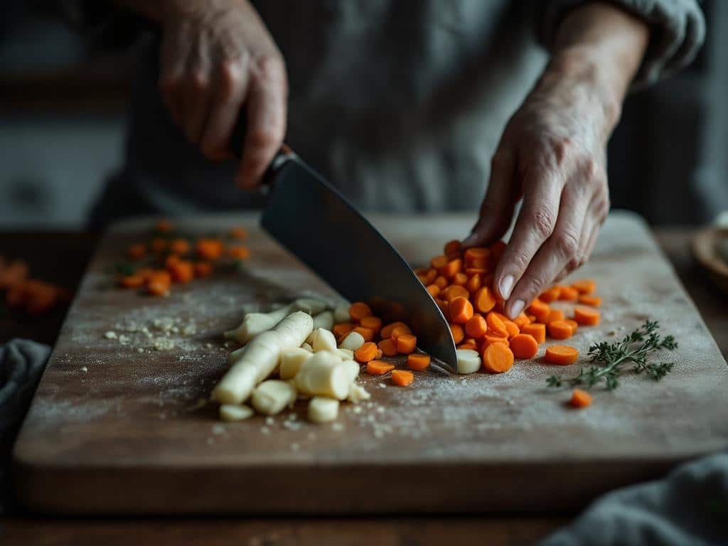 Julienne-udskaering af rodfrugter med japansk kniv