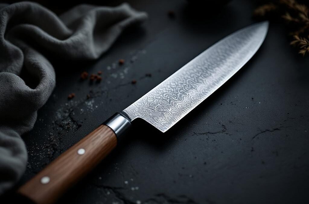 Gyuto-kokkekniv med damaskus-moenster set fra siden