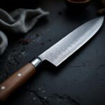Gyuto-kokkekniv med damaskus-moenster set fra siden