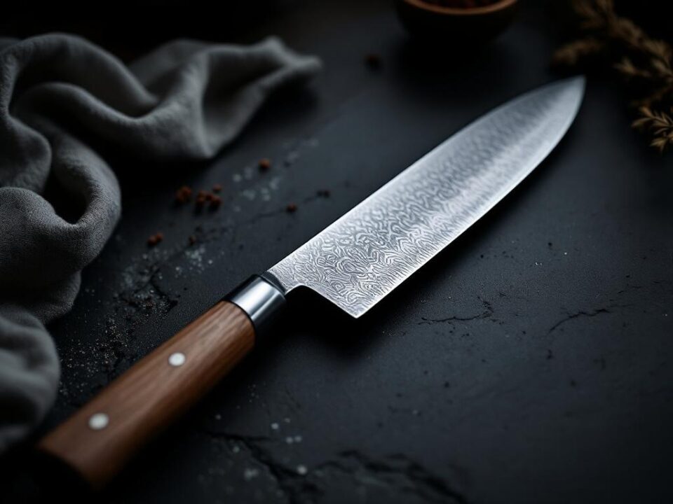 Gyuto-kokkekniv med damaskus-moenster set fra siden