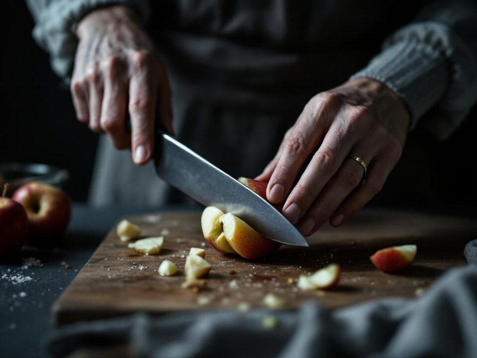 Urtekniv i aktion ved aeble-skraelning