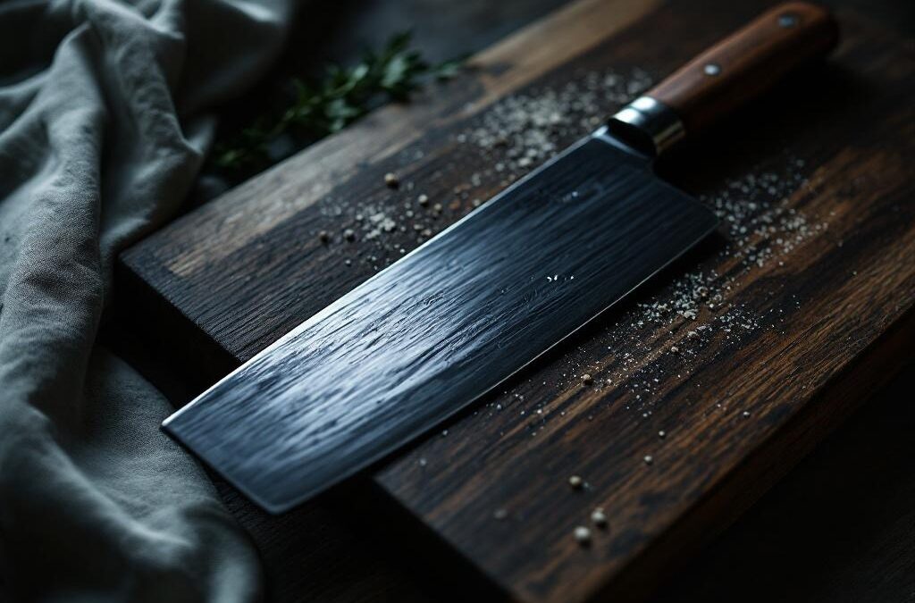 Kinesisk oeksekniv paa butcher-block