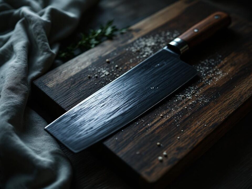 Kinesisk oeksekniv paa butcher-block
