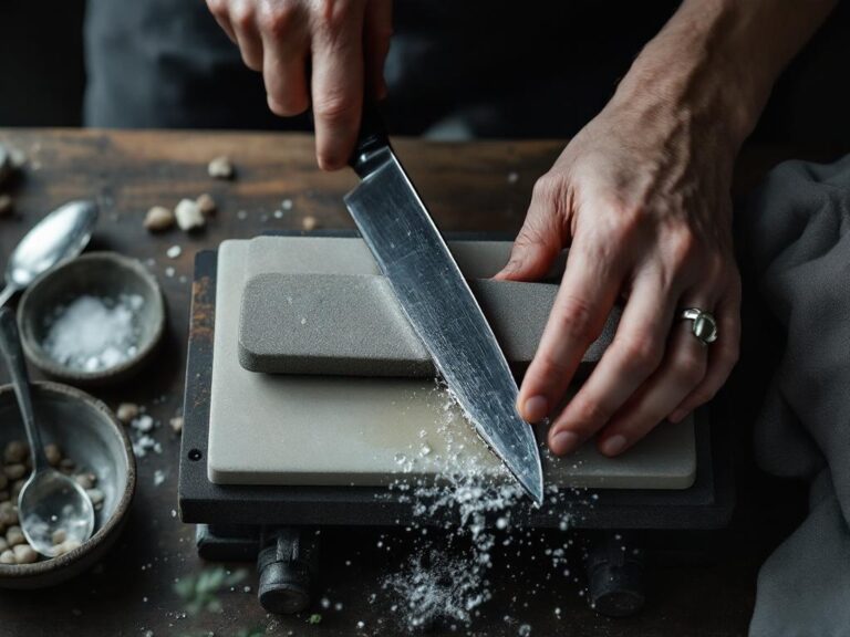Haender sliber kniven i korrekt vinkel