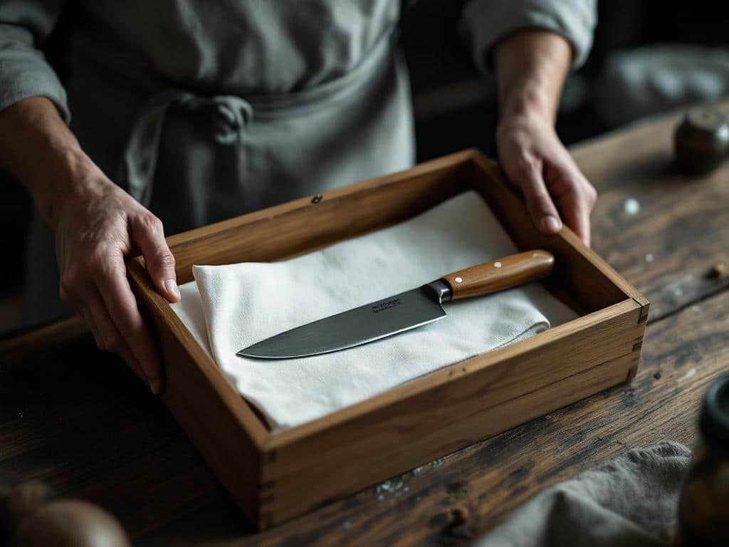 Kniv praesenteret i traeboks paa linned