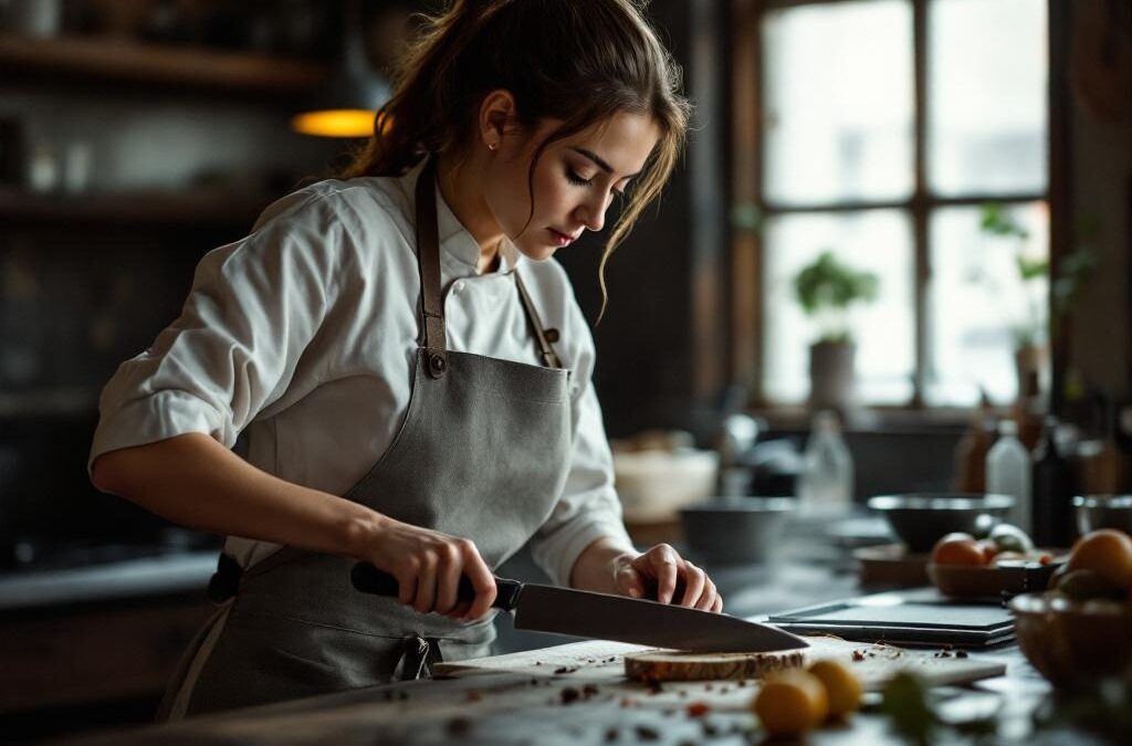 Kniven toerres paa forklaedet under service