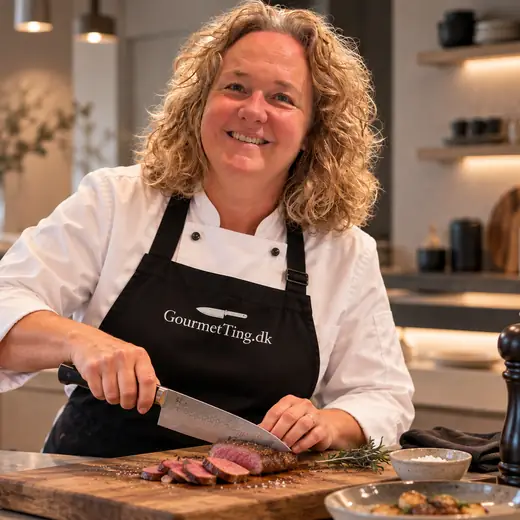 Henriette Glibstrup skærer kød med en GourmetTing-kokkekniv