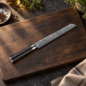 Kōfuku Brødkniv på et bord i mørk eg