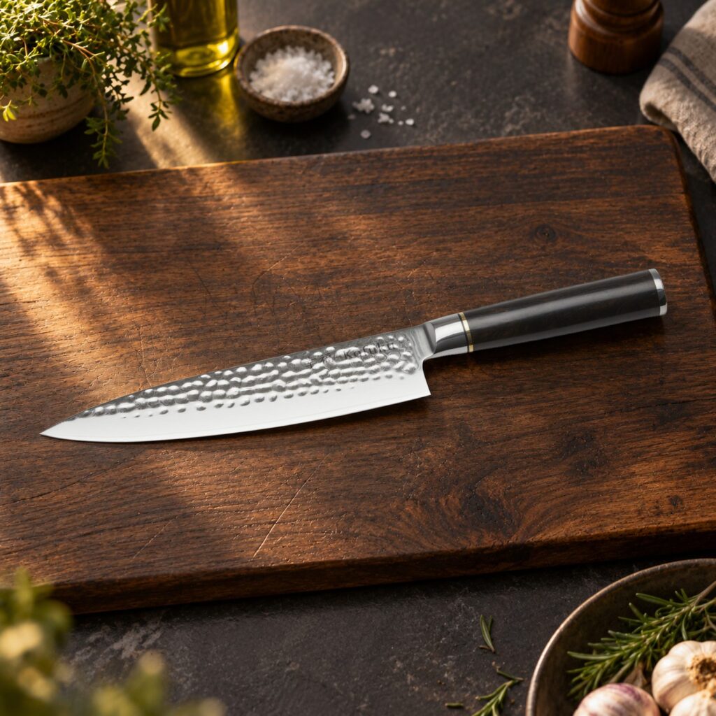 Kōfuku Gyuto Kokkekniv på et bord i mørk eg