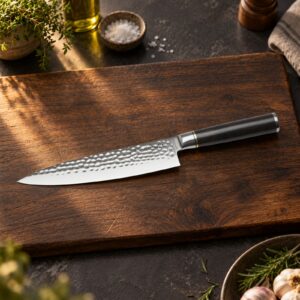 Kōfuku Gyuto Kokkekniv på et bord i mørk eg