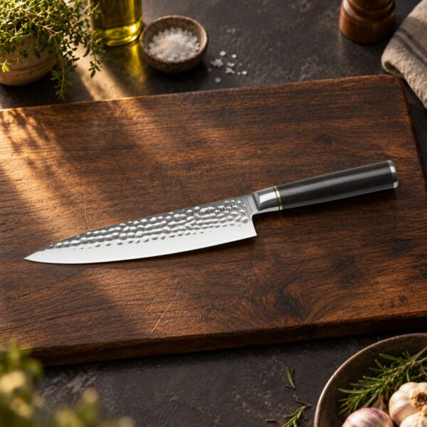 Kōfuku Gyuto Kokkekniv på et bord i mørk eg