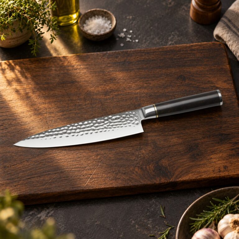 Kōfuku Gyuto Kokkekniv på et bord i mørk eg