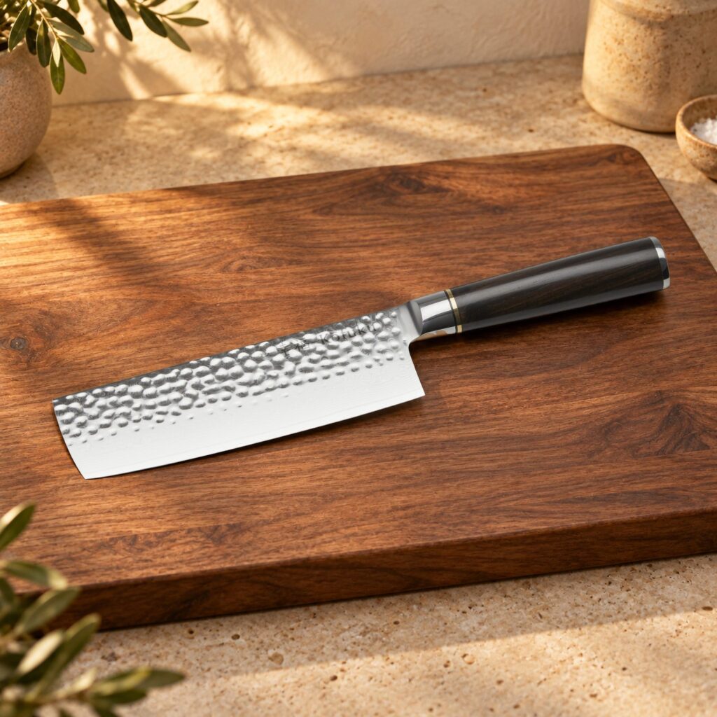 Kōfuku Nakiri Kniv på et bord i valnød