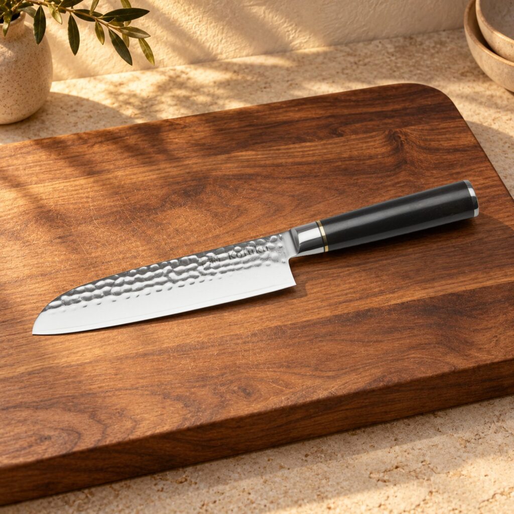 Kōfuku Santokukniv på et bord i valnød