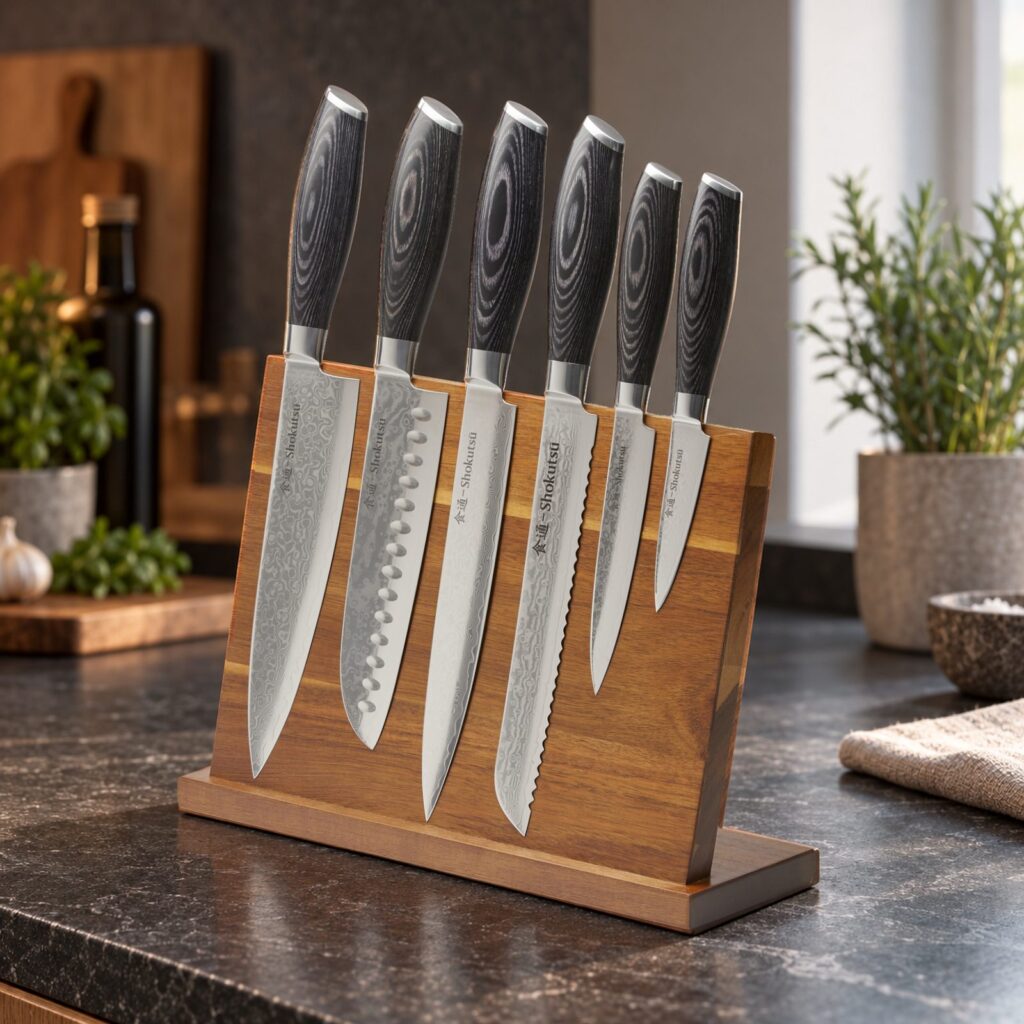 Shokutsū - Det store knivsæt - inkl. knivholder på et bord i mørk eg