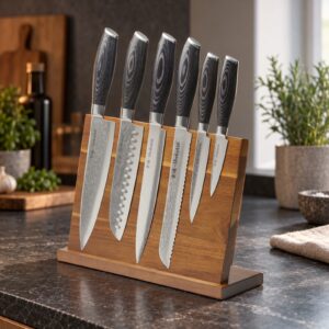 Shokutsῡ - Det store knivsæt - inkl. knivholder på et bord i mørk eg