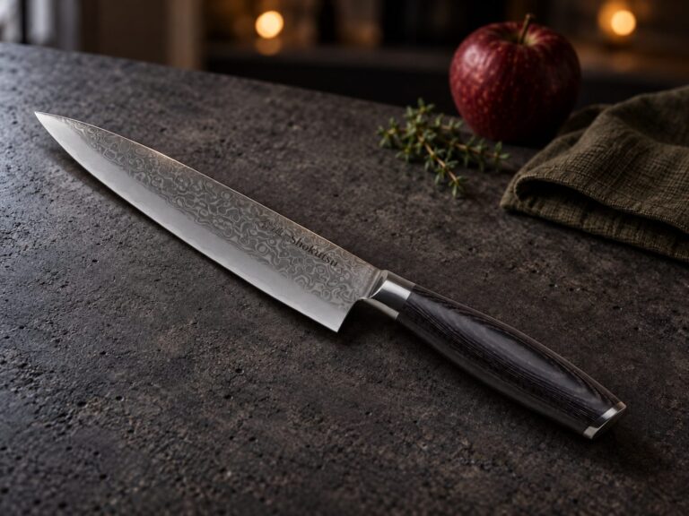 Shokutsū gyuto kokkekniv med æble og timian på skærebræt