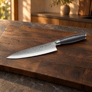 Shokutsῡ Gyuto Kokkekniv på et bord i mørk eg
