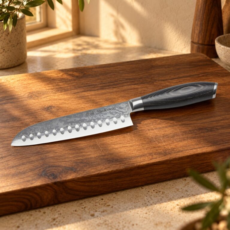Shokutsū Santokukniv på et bord i valnød